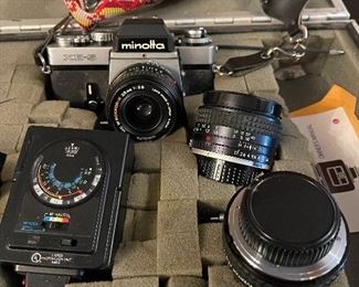 Vintage Minolta XE-5 Camera with lenses and accessories in case