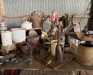 Primitives, Crocks, Enamelware, Grinders, Old Cans and Buckets, Old Water Jug in Stand, Old Wood Crates