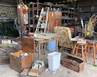 Vintage Wood Box, Wood Stools, Wood A Frame Ladder, Table