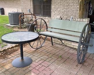 Wagon Wheel & Wood Bench, Wagon Wheel Glass Top Table