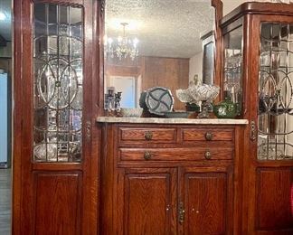 Antique 19th Century Oak Buffet Double Curio Bar-back Stained Glass Marble Cabinet