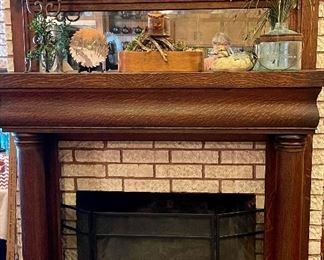 Antique Tiger Oak Beveled-Glass Mantle