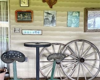 Antique Wagon Wheels, Wagon Wheel Bistro Table with Tractor Seat Stools, Western Wall Art