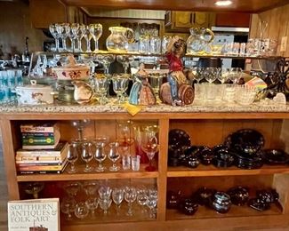 Mexico Blown Glass Pitcher and Glasses, Vintage Plaster Western Influence Figures, Collector Reference Books