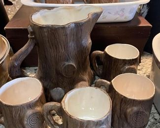 Vintage Hand Made Ceramic Log Pitcher and Mugs