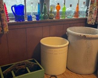 Vintage Cobalt Blue Pitcher, Colored Glass Bottles, Old Wood Toolbox, L A Nut House Crock