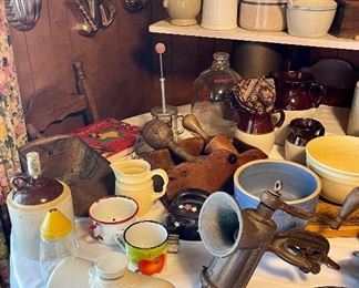 Antique Bed Warmer, Jello Molds, Old Feed Scoops, Crock Bowls, Crock Pitchers, Enamelware, Vintage Meat Grinder