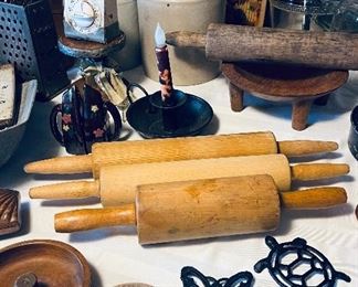 Old Wood Bowls, Crock Jugs, Vintage Rolling Pins