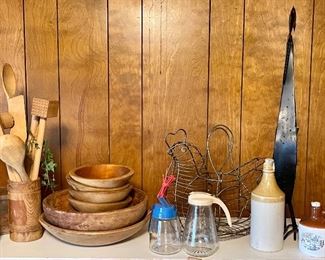 Vintage Chicken Egg Basket, Old Wood Dough Bowls