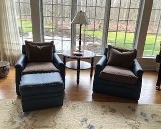 Cellura (Cleveland) custom made pair of leather chairs and 1 ottoman