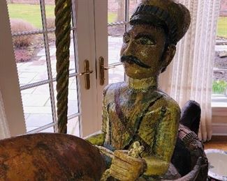 Carousel like 3/4 life size, antique, possibly Rajasthan  India, wood carved male guardian figure on horse 