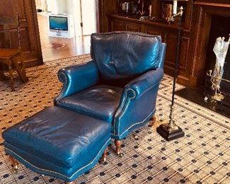 Handsome brass nail blue leather chair with ottoman
