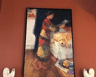 Large Kathleen Mckenna (Shaker Hts.) oil painting of lady with golden retriever