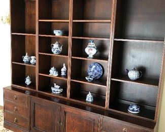 Henredon display shelf with storage. Russian and USSR blue and white china pieces. 