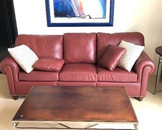 Avery Boardman leather queen hide-a-bed sofa 89". Baker Milling Road metal base coffee table made in Italy