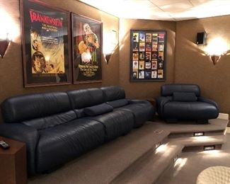 Fine blue leather sofa and arm chair