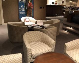 2 sets of 4 fine upholstered chairs and 2 tables