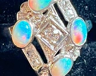 Vintage 14k white gold opal and diamond ring. 