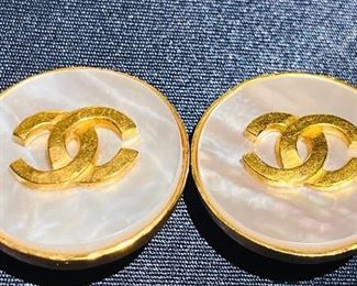 1995 Vintage CHANEL Mother of Pearl Gold Toned CC Clip On Earrings.