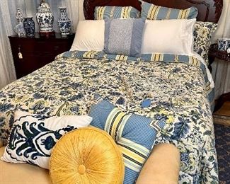Queen bed, bedding, bench, throw pillows 