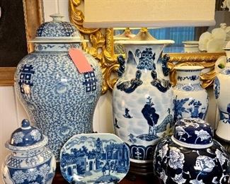 Assortment of blue and white porcelain lamps, ginger jars, vases, and decorative accessories...spanning the centuries as well as everyone's budget. 
