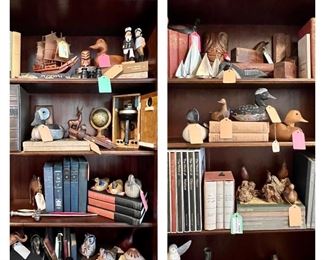 Great assortment of waterfowl decoys, carved wooden accessories, antique and vintage books 