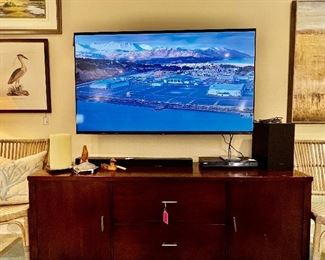 65” Samsung TV, Samsung sound bar & subwoofer, Sony Blu-ray player, Mitchell Gold entertainment console, decorator accessories 