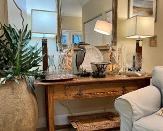 Large decorator pot/urn,  antique French farmhouse sideboard, pair of table lamps, coastal accessories, large traditional mirror