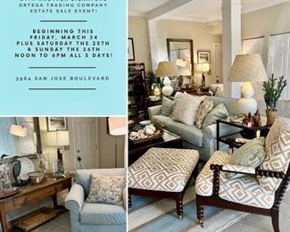 Gorgeous "Florida Room", with Mitchell Gold+Bob WIlliams Fine Furnishings, understated coastal accesories and antiques, modern lighting and more!
