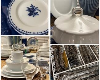 Blue and white china, Crate & Barrel white china service for 8, Crate & Barrel white serving pieces, cream & sugar, vintage Oneida ‘Michelangelo’ flatware set service for 6++