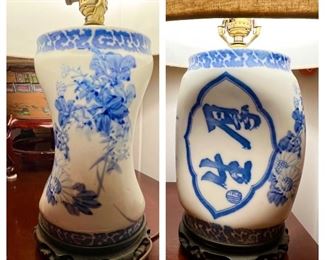 Pair of antique Chinese, blue and white pillow lamps