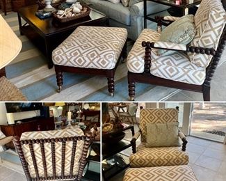 AN INCREDIBLE STATEMENT CHAIR!  Fruitwood Spool chair with custom neutral linen geometric upholstery and matching ottoman on brass casters.  Classic design, attention to detail, but with contemporary scale and high end construction. 