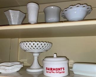 Pyrex Woodland Butter Dish, Fenton Milk Glass Lace Edge Pedestal Bowl, White Milk Glass Wild Rose Footed Bowls, Fairmont Creamery Round Butter Dish, Etc!