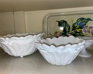 White Milk Glass Wild Rose Footed Bowls, Etc!