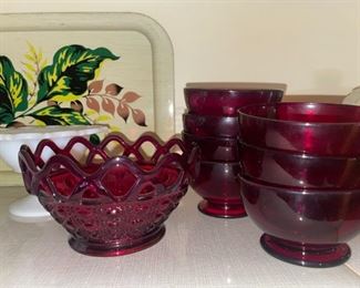 Imperial Glass Ruby Lace Bowl, Anchor Hocking Ruby Glass Footed Bowls!