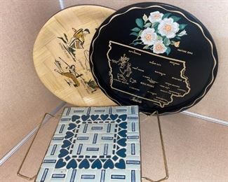 11” Iowa State Flower Tray, Jamaican Round Bamboo Souvenir Tray, MCM Mosaic Tile Trivet!
