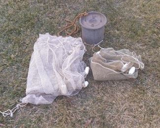 Vintage Fishing Nets & Bait Container!