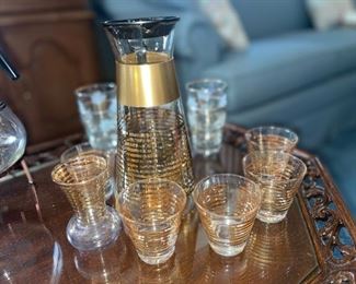 MCM Pyrex Cocktail Pitcher w/ Gold Stripes & 6 Glasses!
