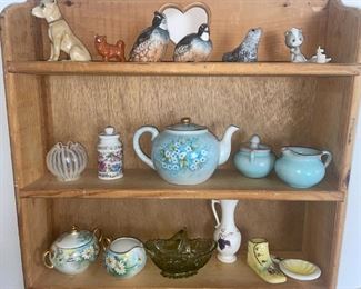 Hand Painted Flower Teapot, Fenton Avocado Green Basket, Seal Handmade in Canada, Blue Glazed Cream & Sugar Pottery Set, Fenton Opalescent Clear to White Glass Pinched Rim Rose Bowl, Vanity Sache Jar with Lid, 



