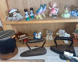 Vintage Japan Porcelain Toy Soldier & Clowns S&P Shakers, Napco Japan Flower Girl in Green Dress, Miniature Wooden Grand Piano with Bench, Ganz Miniature Jointed Porcelain Dolls, Sonsco Figurine Japan Girl w/Dog


