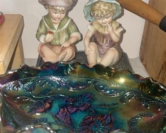 Fenton Carnival Glass Dish Poppy, Andrea By Sadek Boy and Girl Figurines!