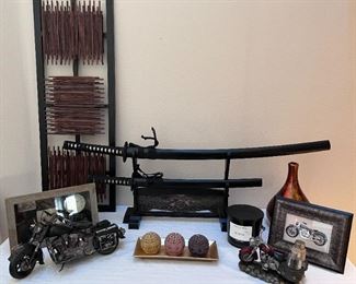 Zen-like...Japanese Katana swords on stand, motorcycles, prints, candles