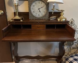 WRITING DESK, LAMPS, CLOCK