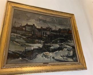 Large  Oil Painting by Roger Lersy 1920 - 2004 Harbor Scene