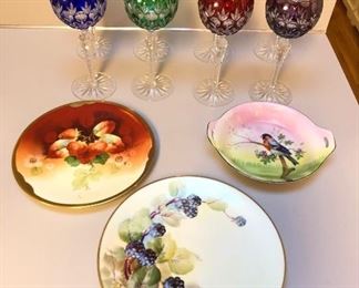 Bohemian cut crystal goblets, hand painted plates
