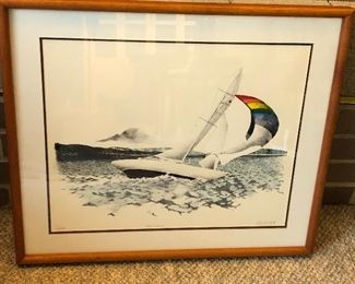 “Lake Washington” print of sailboat by Michael O’Neill, edition of 450, pencil signature lower right, framed size 21” x 25”.