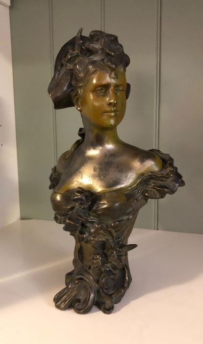 Art Nouveau cast metal bust of woman (11” tall)