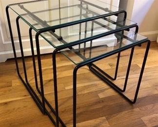 Set of 3 glass & black metal nesting tables (largest is 15” x 18.5” x 17”H)