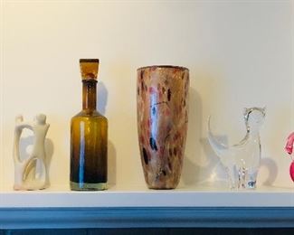African stone carvings, glass decanter, art glass vase, Swedish crystal cat, pink glass bird