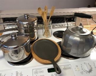 Assorted pans + Wagner Ware Colonial tea kettle 8A